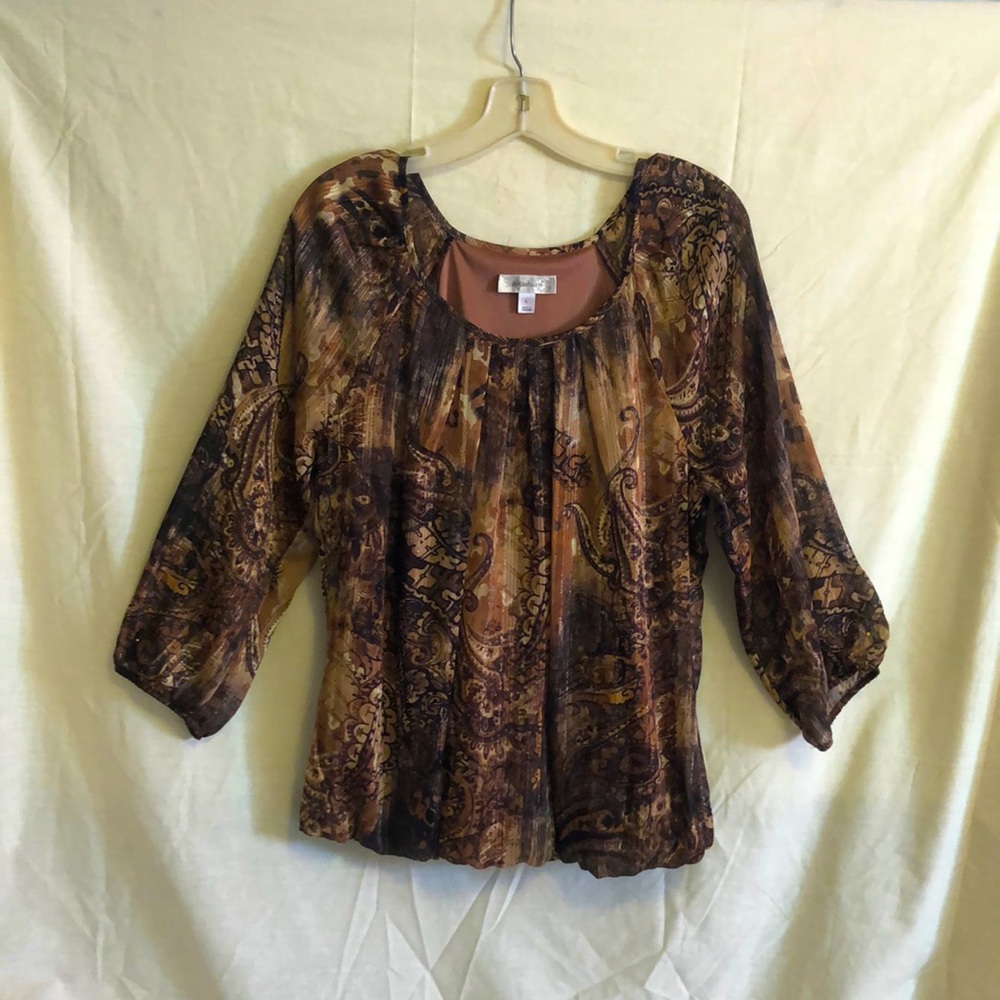 Dressbarn brown gold peasant top size large